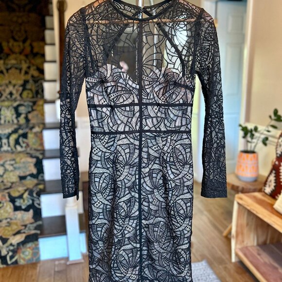 Monique Lhuillier Overtones Black Lace Art Deco Cocktail Event Sheath Dress Sz 4 - Picture 5 of 16